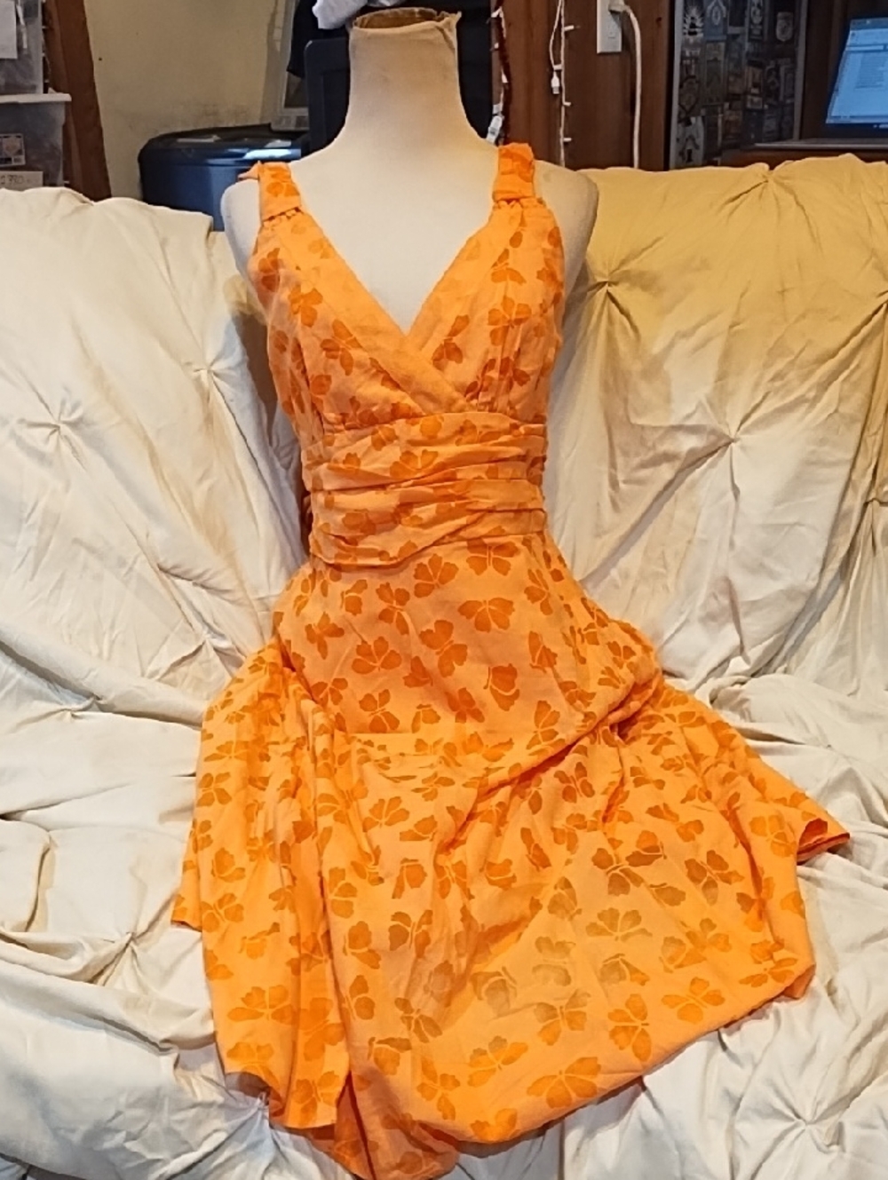 United Bamboo Orange Floral V-Neck Summer Dress